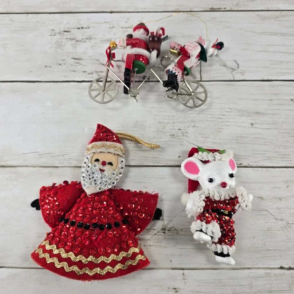 Vintage Christmas Ornaments Lot Santa Tandem Bicycle Sequined Felt Mouse Retro